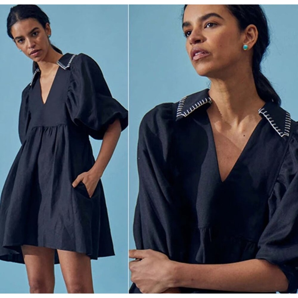 HUNTER BELL Black Mini Dress with Contrast Stitch Collar